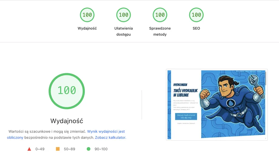 Zrzut ekranu z wynikami audytu Google dla strony Hydroman, pokazujący maksymalny wynik 100 punktów we wszystkich kategoriach: wydajność, ułatwienia dostępu, sprawdzone metody i SEO