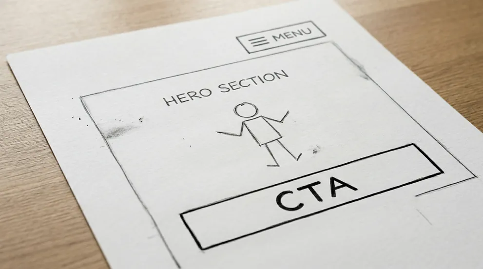 Odręczny szkic makiety strony internetowej na papierze z zaznaczonymi elementami: Menu, Hero Section z postacią oraz przycisk CTA
